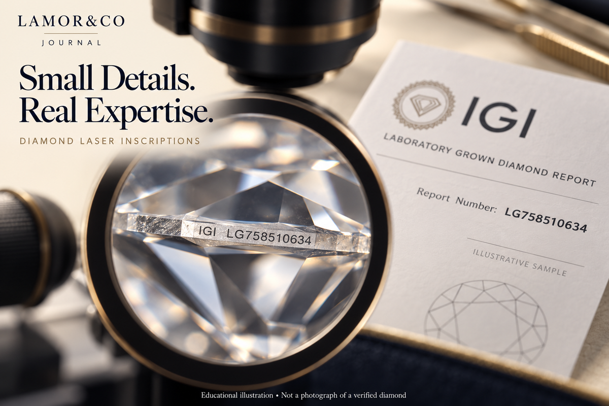 Educational illustration of a magnified diamond laser inscription and an illustrative IGI report displaying matching report numbers.