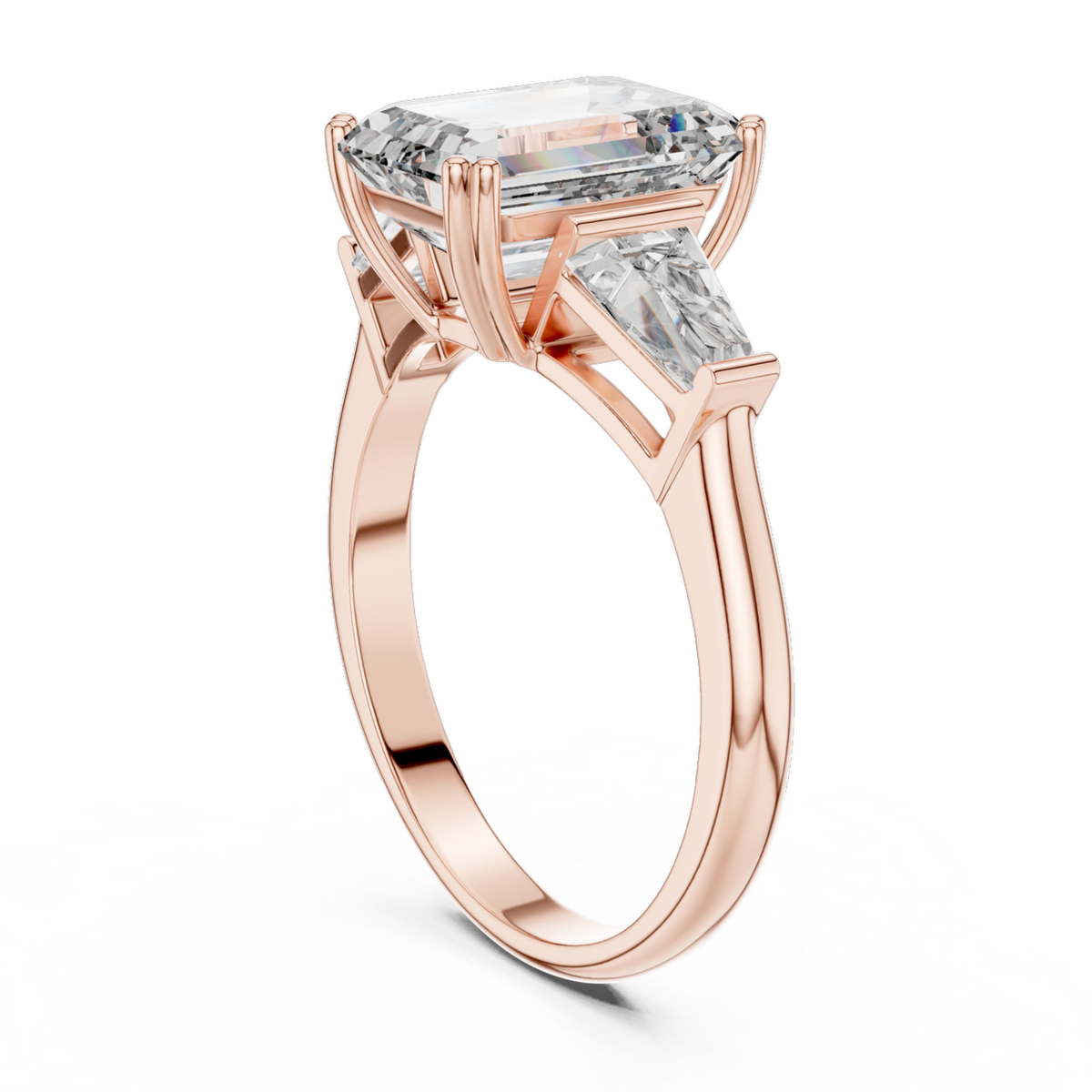 The Clara emerald-cut lab-grown diamond engagement ring with baguette side stones in rose gold
