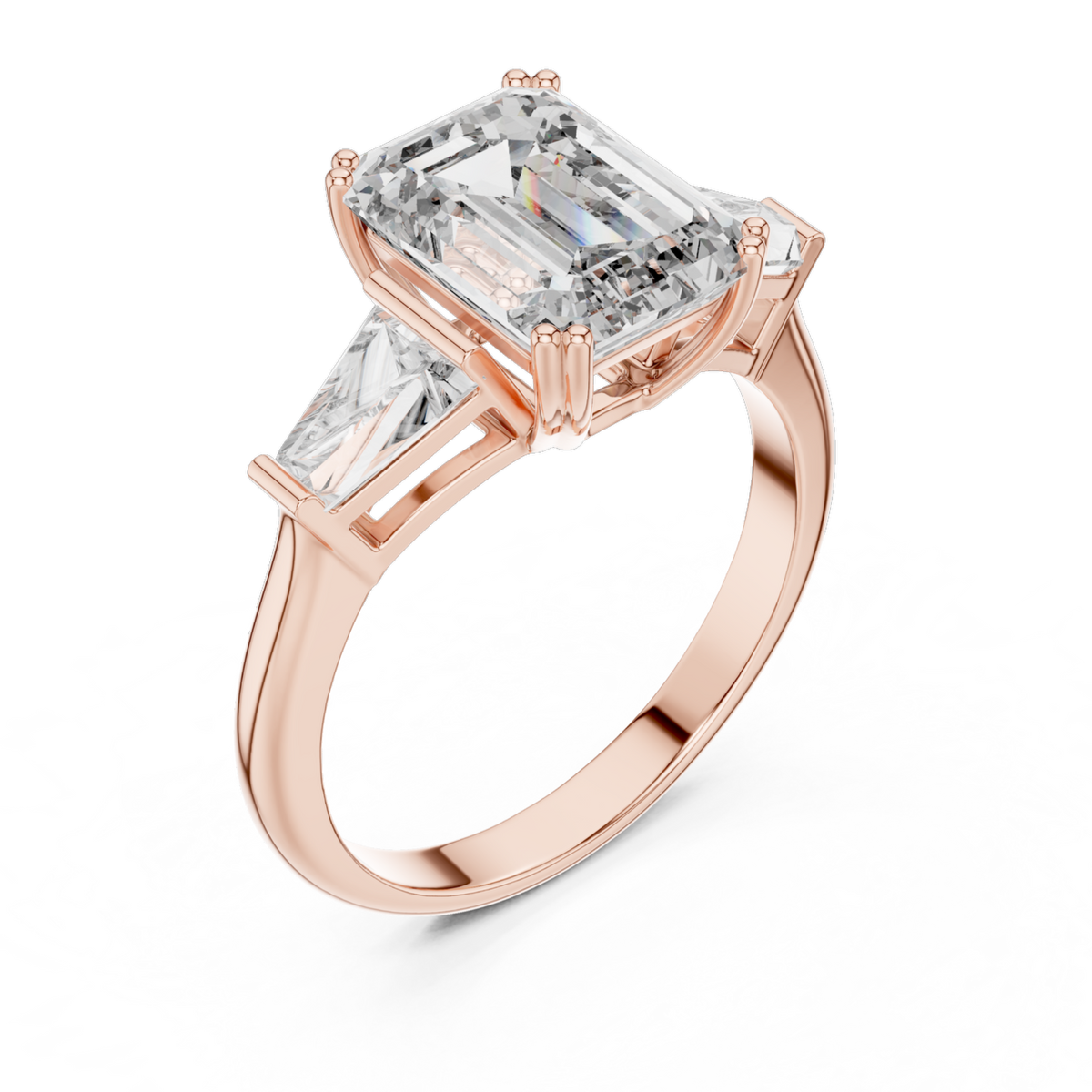 The Clara emerald-cut lab-grown diamond engagement ring with baguette side stones in rose gold
