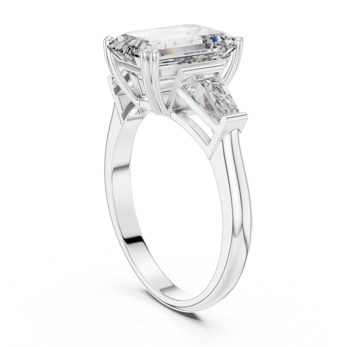 The Clara emerald-cut lab-grown diamond engagement ring with baguette side stones in white gold