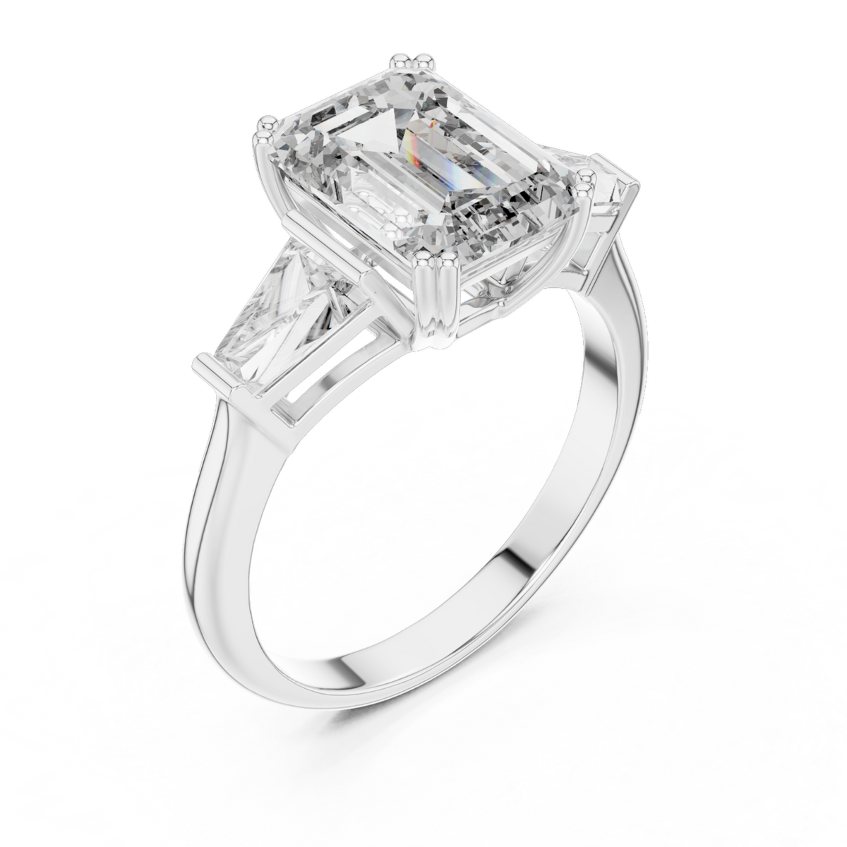 The Clara emerald-cut lab-grown diamond engagement ring with baguette side stones in white gold