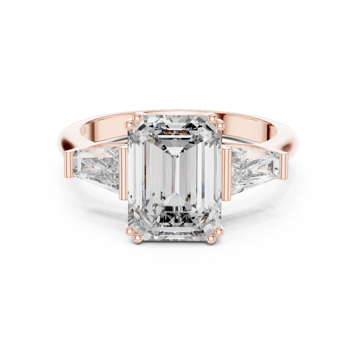 The Clara emerald-cut lab-grown diamond engagement ring with baguette side stones in rose gold