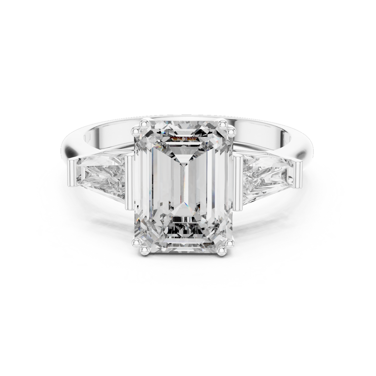 The Clara emerald-cut lab-grown diamond engagement ring with baguette side stones in white gold