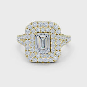 The Celeste emerald-cut double halo diamond ring in yellow gold — rotating view