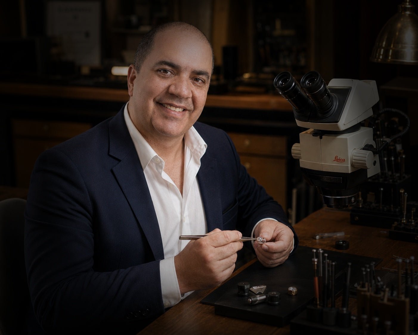 Mr. Mello at the LAMOR&CO workbench holding a diamond setting beside a Leica microscope